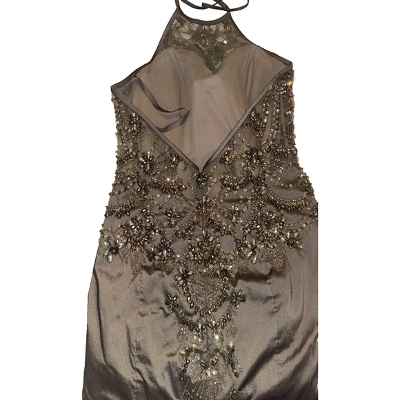 Morilee Madeline Gardner Taupe Formal Beaded Gown Halter Dress Sz 6 Black Tie - Picture 12 of 16
